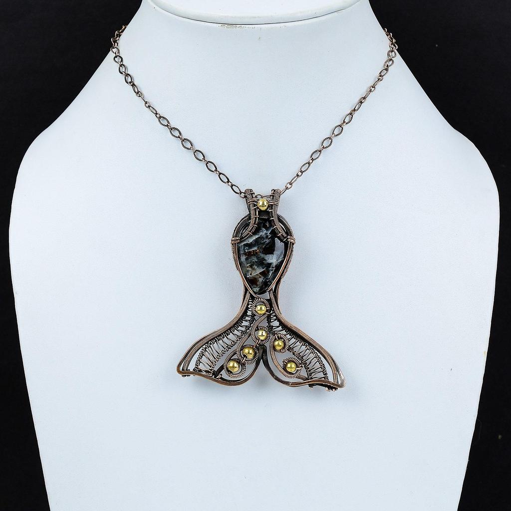 Астрофиллит Драгоценный Камень Подвеска Подвеска, Обмотанная Медной Проволокой Уникальная Подвеска в Виде Рыбы Медные Украшения Подвеска Ручной Работы Подарок для Него Стильная Подвеска