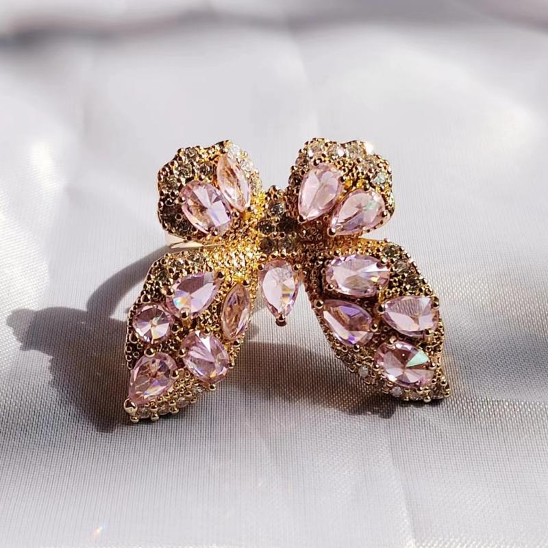 Кольца-бабочки с розовым цирконием для женщин, модное золотого цвета, открытое регулируемое кольцо INS, модные ювелирные аксессуары для свадьбы, помолвки и вечеринки