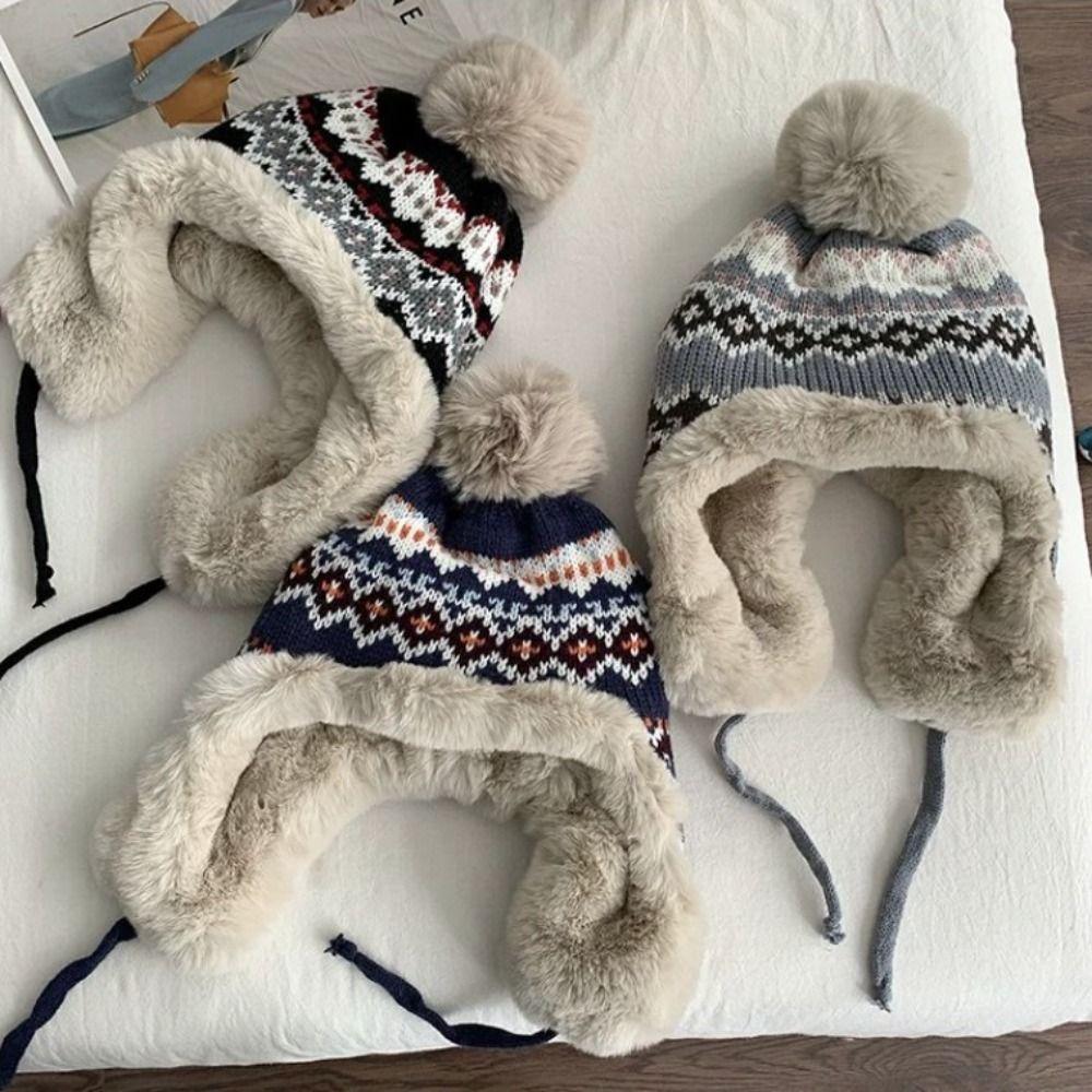 Теплая вязаная плюшевая шапка, ветрозащитная, пуловерная, шапка-бини, зимняя, для защиты ушей, женская
