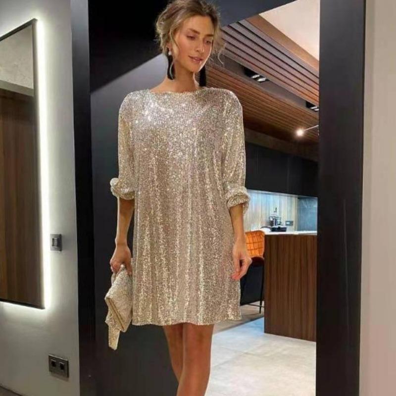 Женское мини-блестящее платье с длинным рукавом Сверкающее платье из бисера Модное темпераментное элегантное сексуальное вечернее платье с блестками Праздничная вечеринка Коктейльная вечеринка