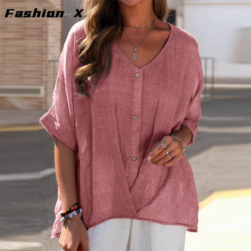 Cotton T-shirt V-neck Short Sleeve Loose Women's Shirt Casual Tops