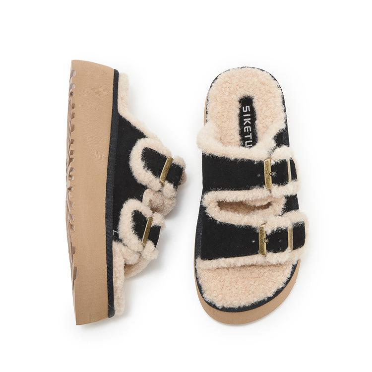 TRAF Women Black Thick Soled Slippers Vintage Faux Wool Thick Heel Flat Shoes 2024 Autumn Outdoor Casual Comfort Slippers