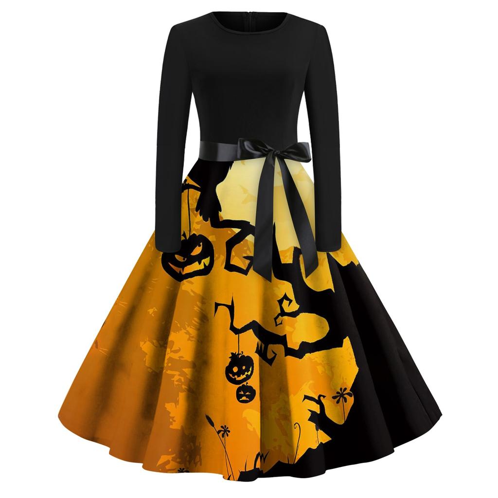 Halloween Print Flare Dress For Women Long Sleeve Dress Hollow Party Casual Dresses