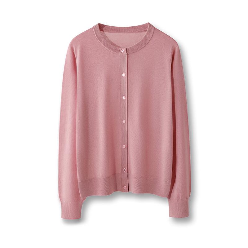 2026 Women's Elegant Fine Wool Cardigan - Loose, Slimming, Round Neck, Solid Color, Single-Breasted Outerwear