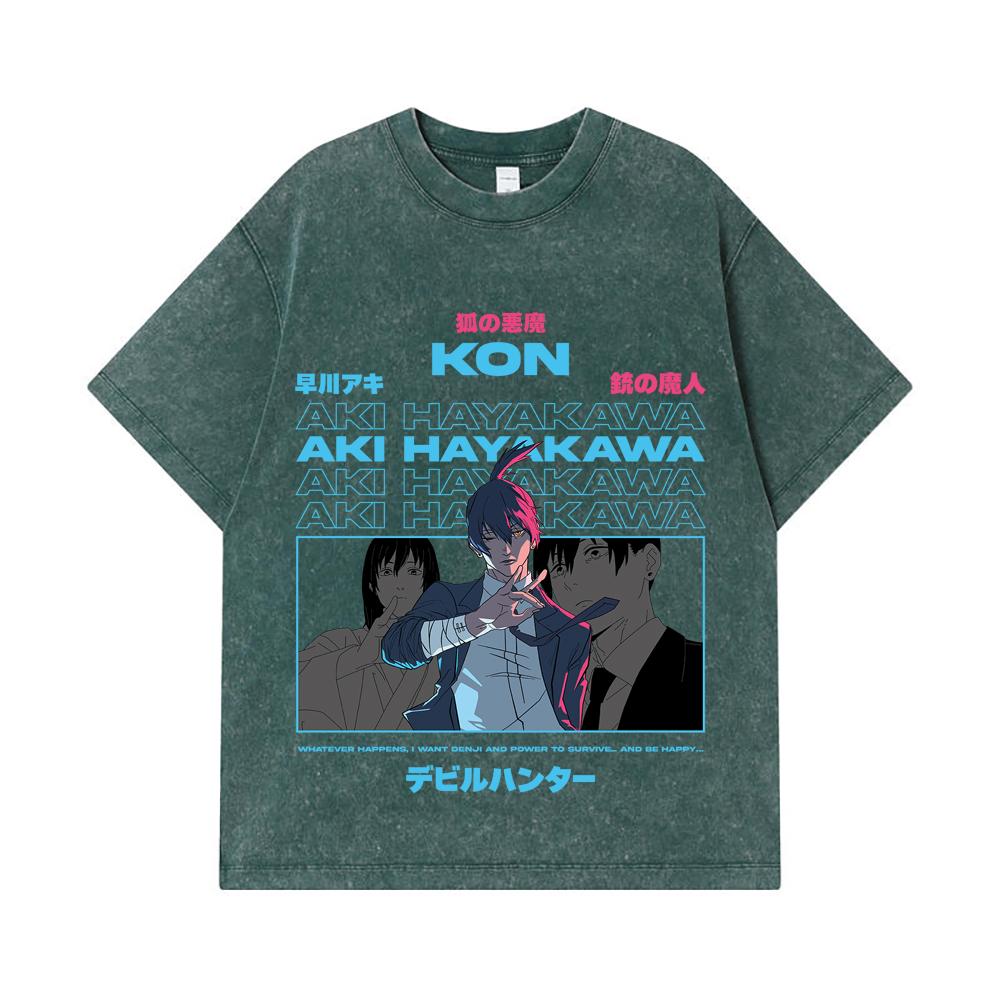 275 GSM Washed T-shirts 100% Cotton Chainsaw Man V38 Aki Print Unisex Heavy Cotton T Shirt