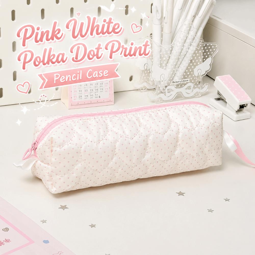 Polka Dot Print Pen Bag Pink White Stationery Pouch Cute Pencil Case Back To School