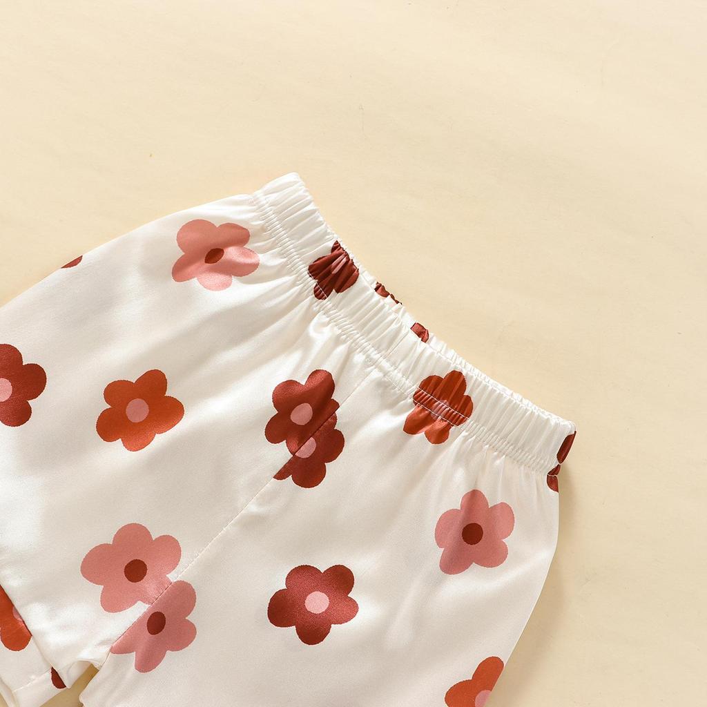 Kids Girls Pajamas Set, Flower Print Short Sleeve Turn-down Collar Tops with Elastic Waist Shorts Sleepwear