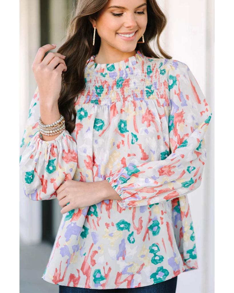 Azura Exchange Свободная блузка с разноцветным принтом, оборками и воротником-стойкой
