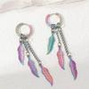 Creative Colorful Stainless Steel Feather and Leaf Chain Ear Clips - Trendy Long Dangle Earrings