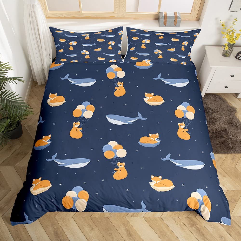 Cat Duvet Cover Set Watercolor Whale Fishing Bedding Set Ocean Sea Wave Comforter Cover Marine Nautical Themed Bedspread Cover