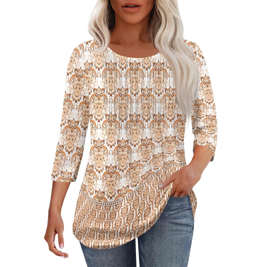 Women's Fashionable Casual Pleated Round Neck Casual Floral Print Seven Quarter Sleeved T-shirt Top