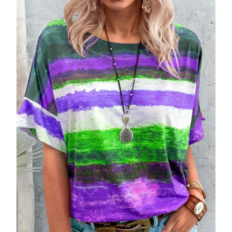 Летние топы с круглым вырезом в полоску, свободная повседневная футболка с принтом и коротким рукавом, женская одежда