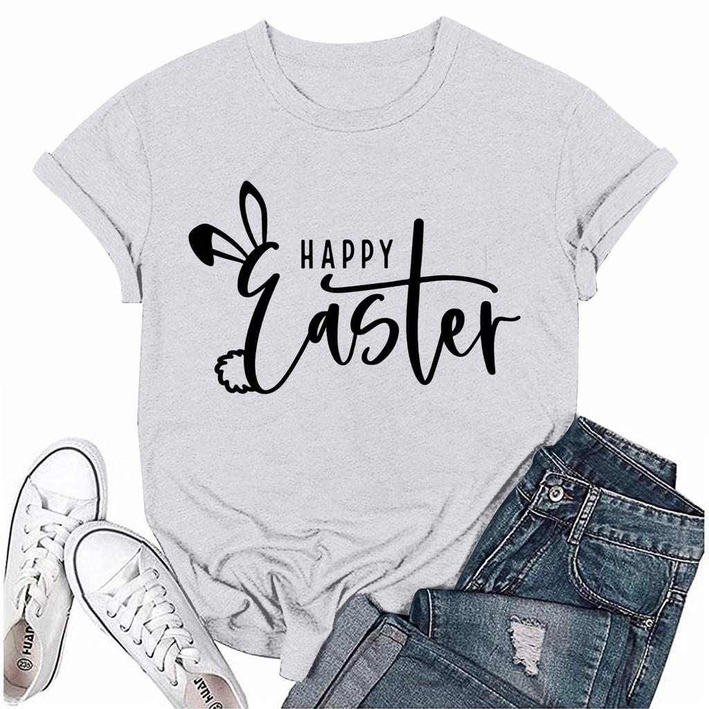 Женская модная пасхальная принтованная повседневная плиссированная круглая футболка с коротким рукавом
