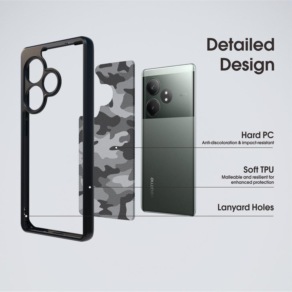(В комплекте ремешок на запястье)Чехол IBMRS для телефона Realme GT Neo6 SE, Полупрозрачный матовый ударопрочный защитный чехол, Камуфляж Черный