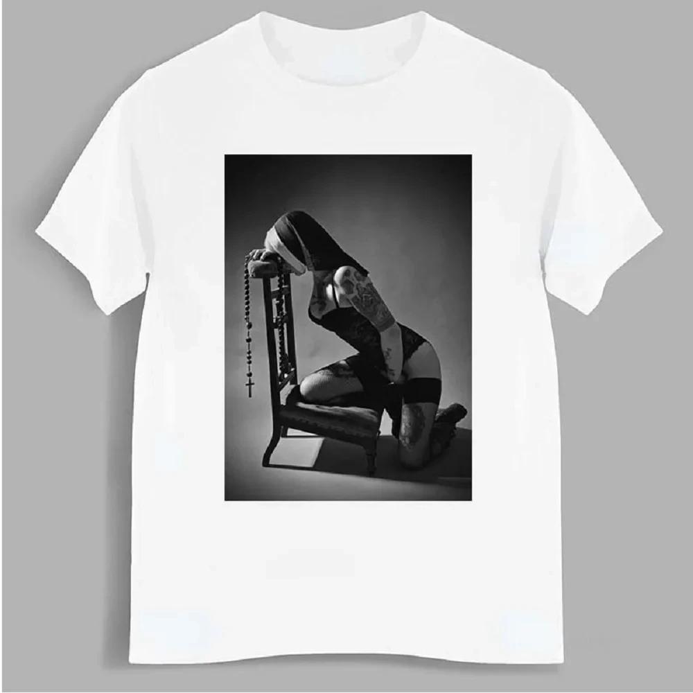Satanic Nun Tattoos Unholy Print Vintage T-Shirt For UnisexSummer Cotton Tops Tees Clothing Short Sleeve Y2K Streetwear