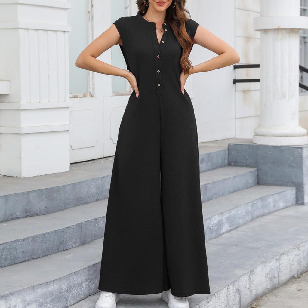 Женский модный летний повседневный однотонный свободный комбинезон без рукавов с широкими штанинами