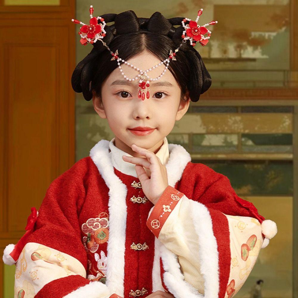 Hanfu Headwear Chinese Style Red Barrettes Forehead Chain Ancient Style Hair Clip  Festival
