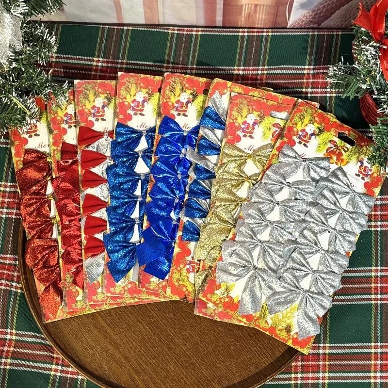 60/12PCS Glitter Christmas Bow Red Gold Mini Bowknot Xmas Tree Pendant New Year Party Home Ornaments DIY Gift Box Decor Supplies