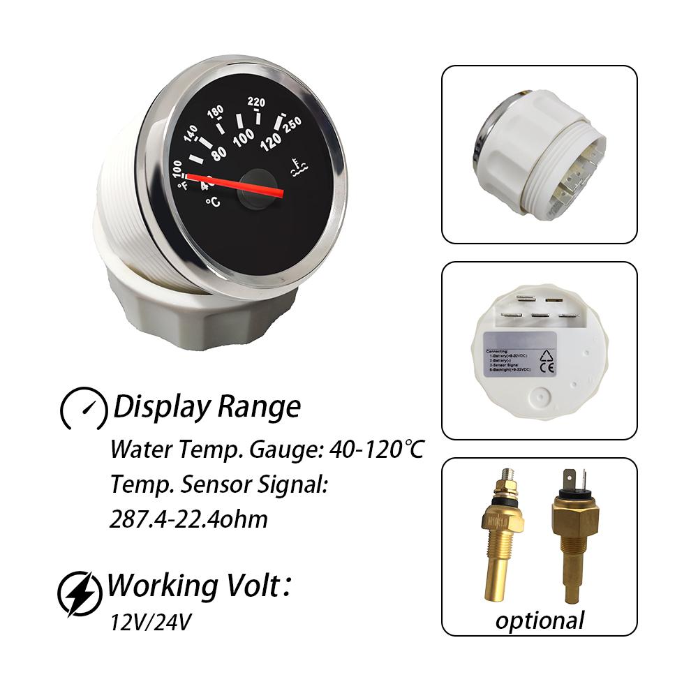 Rhaxel 52mm Water Temperature Meter 40-120℃ Temp Gauge with Backlight 12Volts 24V for Car Truck Vans Yachts RV Vessels