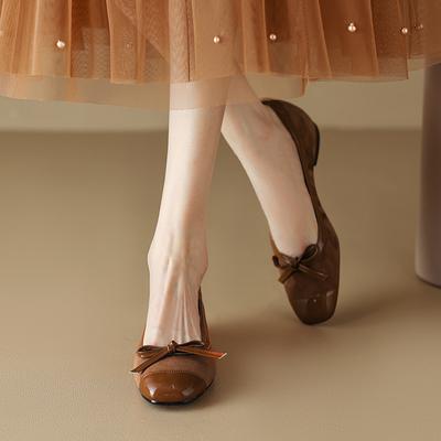 Мода 2025 Весна Новые Детская замша Низкий каблук Женская обувь Массивный каблук Квадратный носок Женские туфли-лодочки Бант Мелкие Повседневные Кожаные туфли