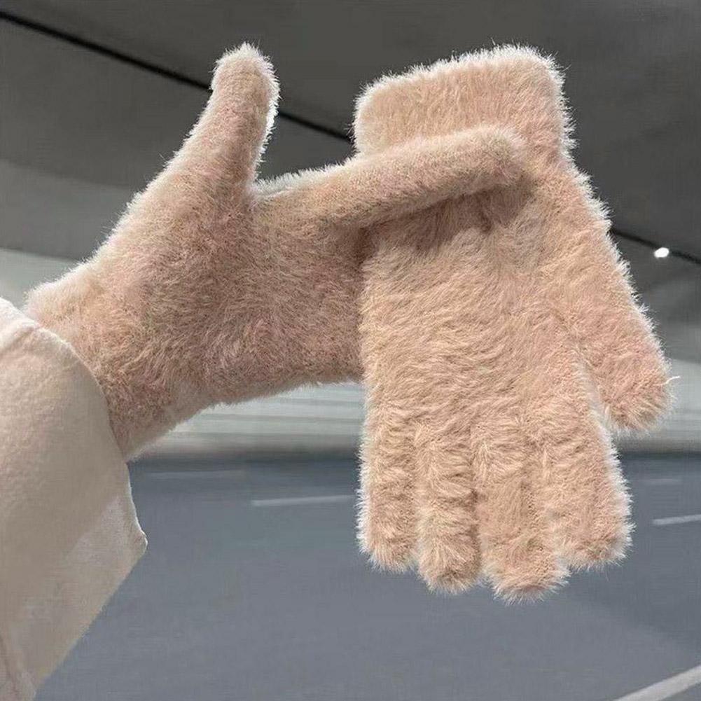 Fashion Winter Mink Velvet Five Finger Gloves Plush Warm Cold-proof Gloves Women Outdoors Cycling Solid Color Five Finger Gloves