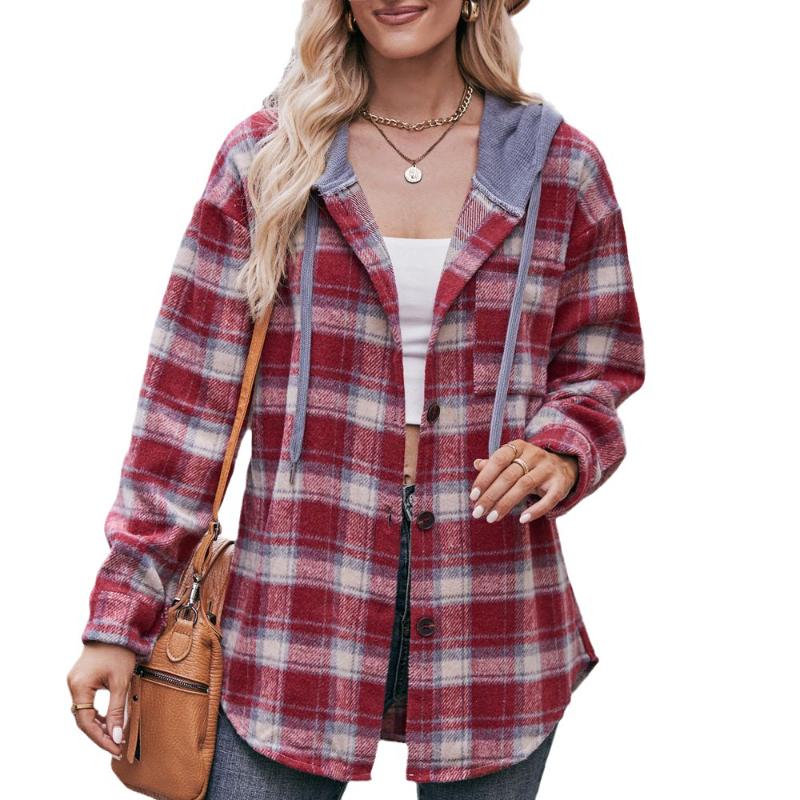 Women's New Autumn and Winter Flannel Plaid Jacket Hooded Casual Shirt