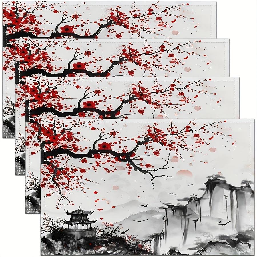 Vintage Asian Style Flower And Mountain Pattern Rectangular Placemat Non Slip Mat For Home Dining Room Use