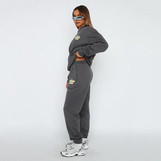 2 шт./комплект женский топ брюки комплект с капюшоном длинный рукав эластичные манжеты толстовка с капюшоном буквенный принт эластичный