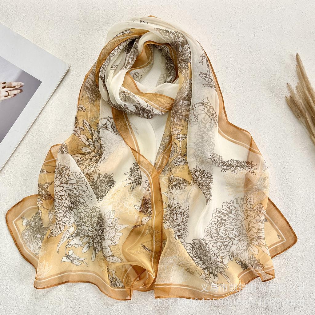 Новый длинный шелковый шарф с солнцезащитным кремом, тонкий искусственный шелк, весенне-летний женский шарф с принтом и украшением из жоржета