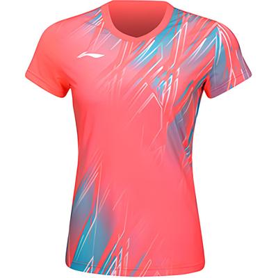 Футболка для бадминтона Li Ning Badminton Series с V-образным вырезом и принтом, удобная, дышащая, универсальная, с коротким рукавом, женские топы, флуоресцентно-камелия-красный AAYU150-3
