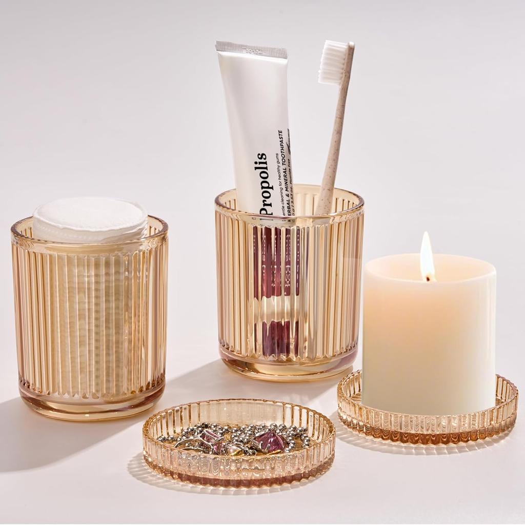 1Pack Glass Qtip Holder Dispenser Set Bathroom Organizer for Cotton Swabs Pads Clear Jars Makeup Storage Bathroom Accessories