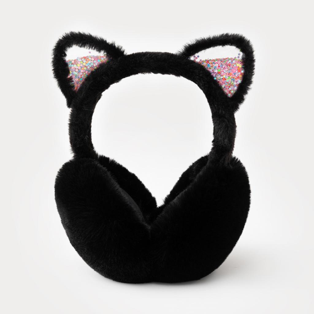 Cute Cat Ear Earmuffs for Teen Girls - Foldable Winter Ear Warmers, Sparkle Sequin Design, Solid Color, Polyester, Suitable for Ages 15+
