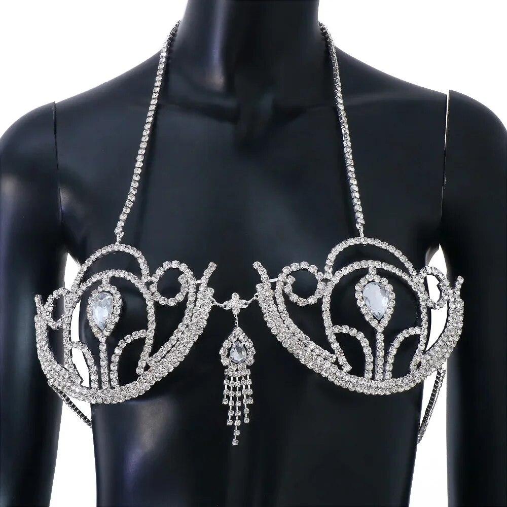 Beach Water Drop Chest Bracket Top Sexy Bikinis Body Accessories Nightclub Rave Bra Rhinestone Lingerie Jewelry for Women Dress Accessory