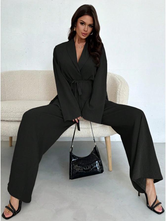 2025 Осень/Зима Элегантный женский комплект с V-образным вырезом и длинными рукавами, широкие брюки