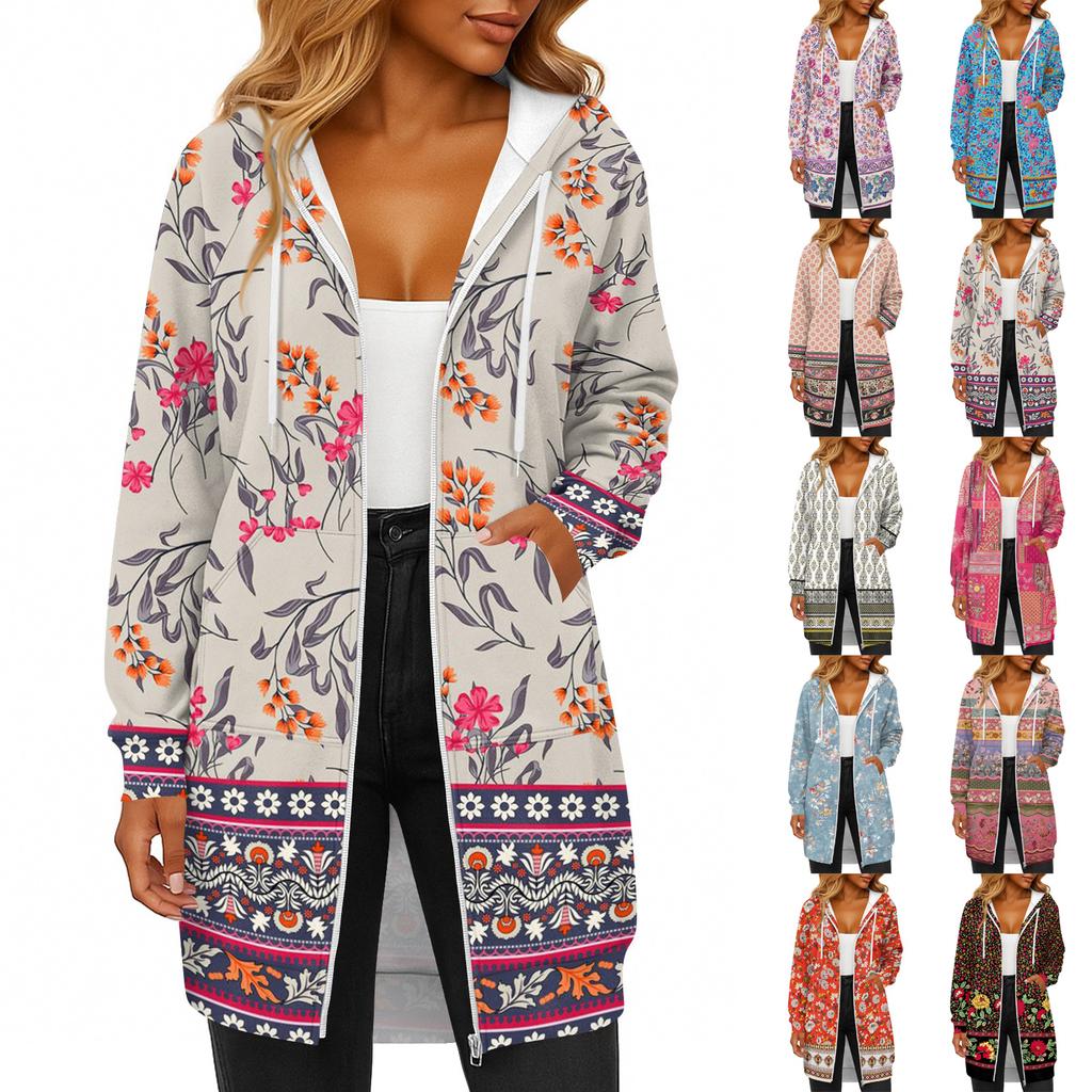 Women's Fashionable Printed Long Sleeved Drawstring Hooded Zipper Pocket Long Casual Sweatshirt Jacket