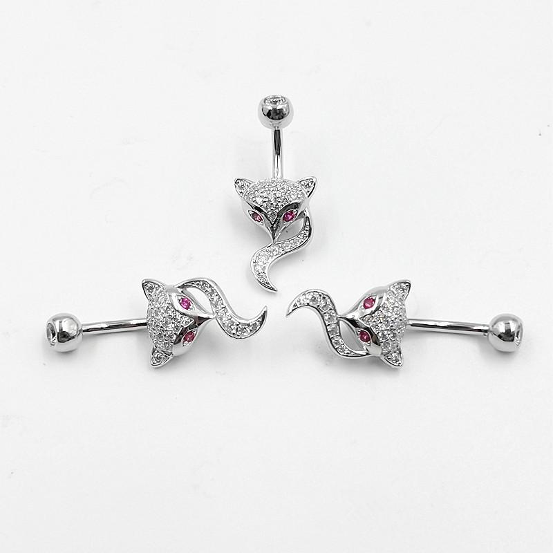 Кольцо на пупок из стерлингового серебра S925 с цирконием, ювелирные изделия на пупке с лисой