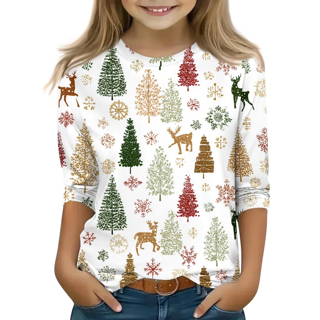 Children's 3/4 Sleeve Round Neck Top Christmas Tree Printed Everyday Casual Top