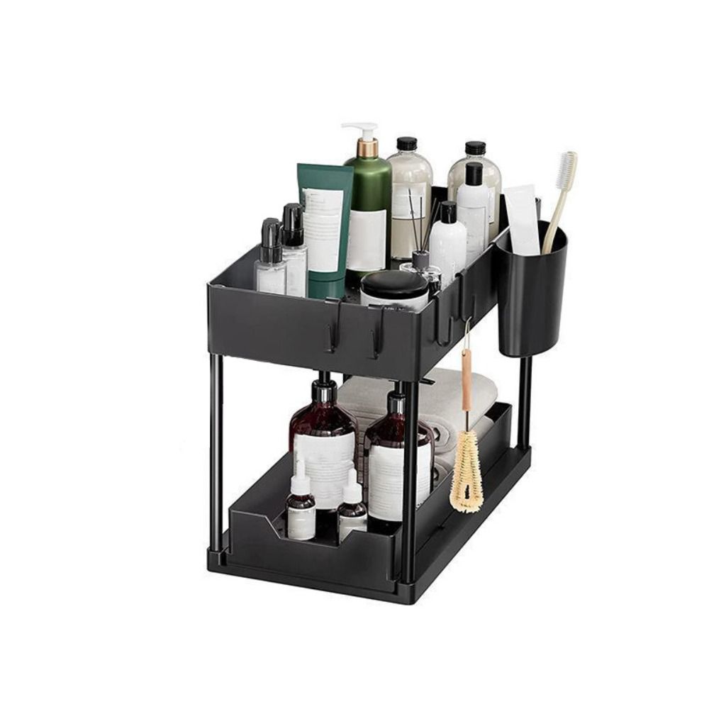 2 Tier Sliding Cabinet Basket With Hooks Under Sink Organizer Upgraded Bathroom Organizer Bathroom