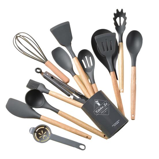 Silicone Kitchenware Set with Wooden Handles Heat Resistant Turner Tongs Spatula Spoon Brush Whisk Nonstick Cooking Tools