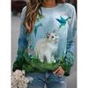 Cartoon Cat Print Pattern Casual Round Neck Long Sleeve T-Shirt