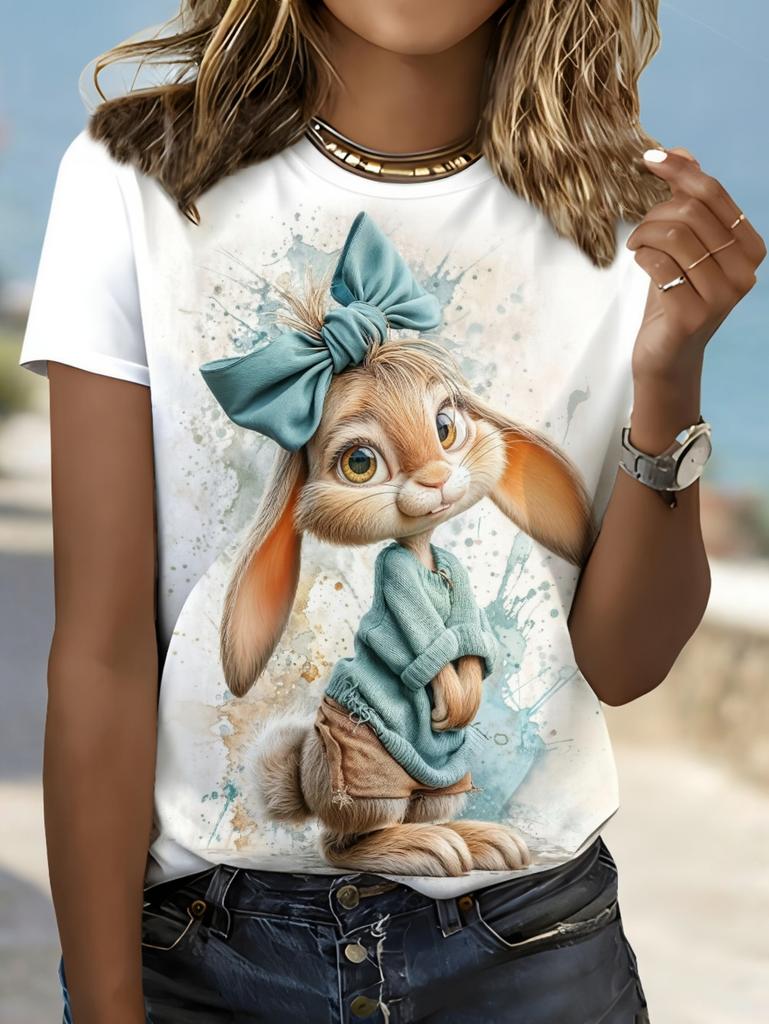 Summer Cartoon Cute Rabbit Printed Women's Short Sleeved T-Shirt Fashion Casual Oversize Tees Elegant Round Neck Woman Clothes