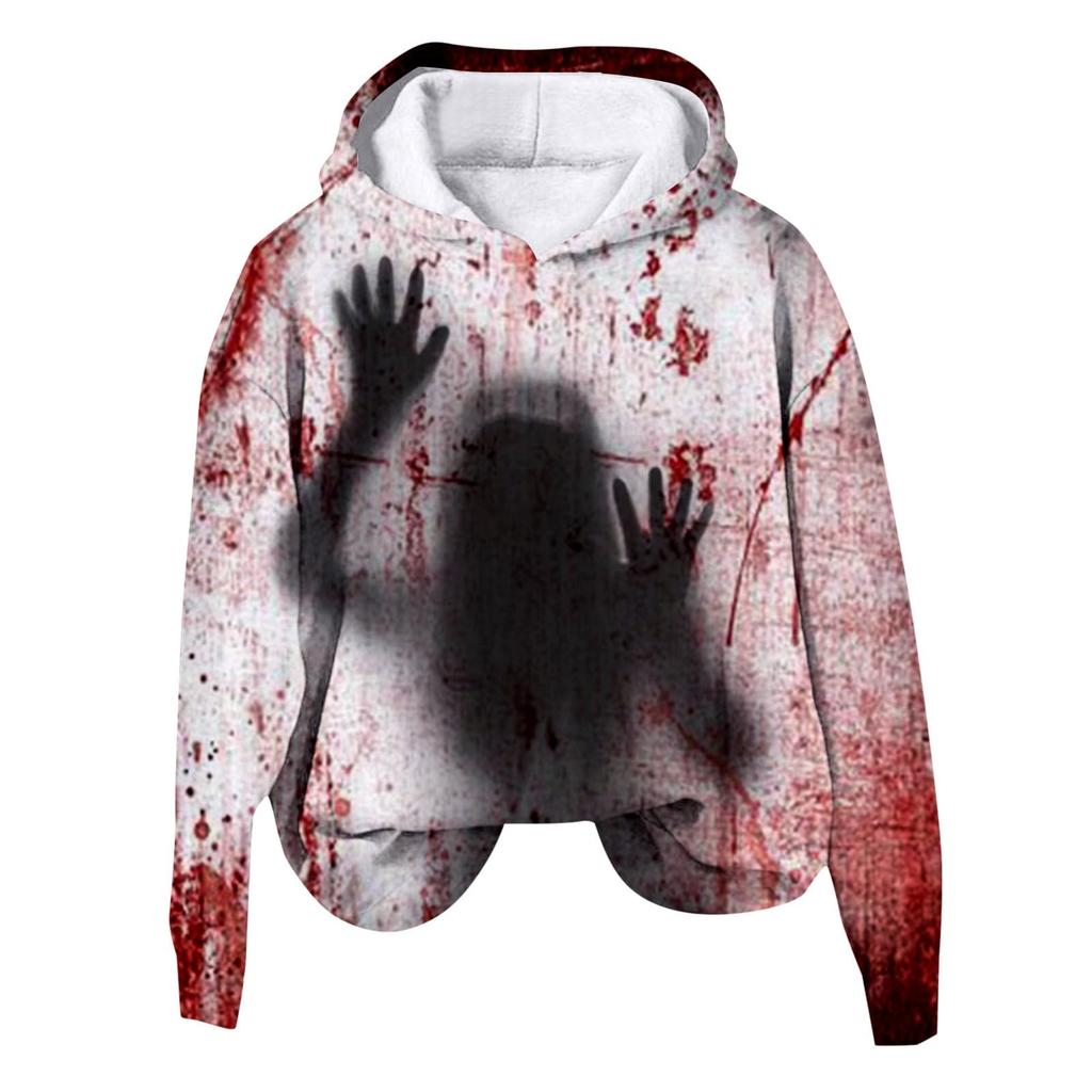 Women's 3D Bloody Letters Printed Long Sleeved Loose Hooded Sweatshirt New Halloween Ladies Casual Long Sleeved Pullover