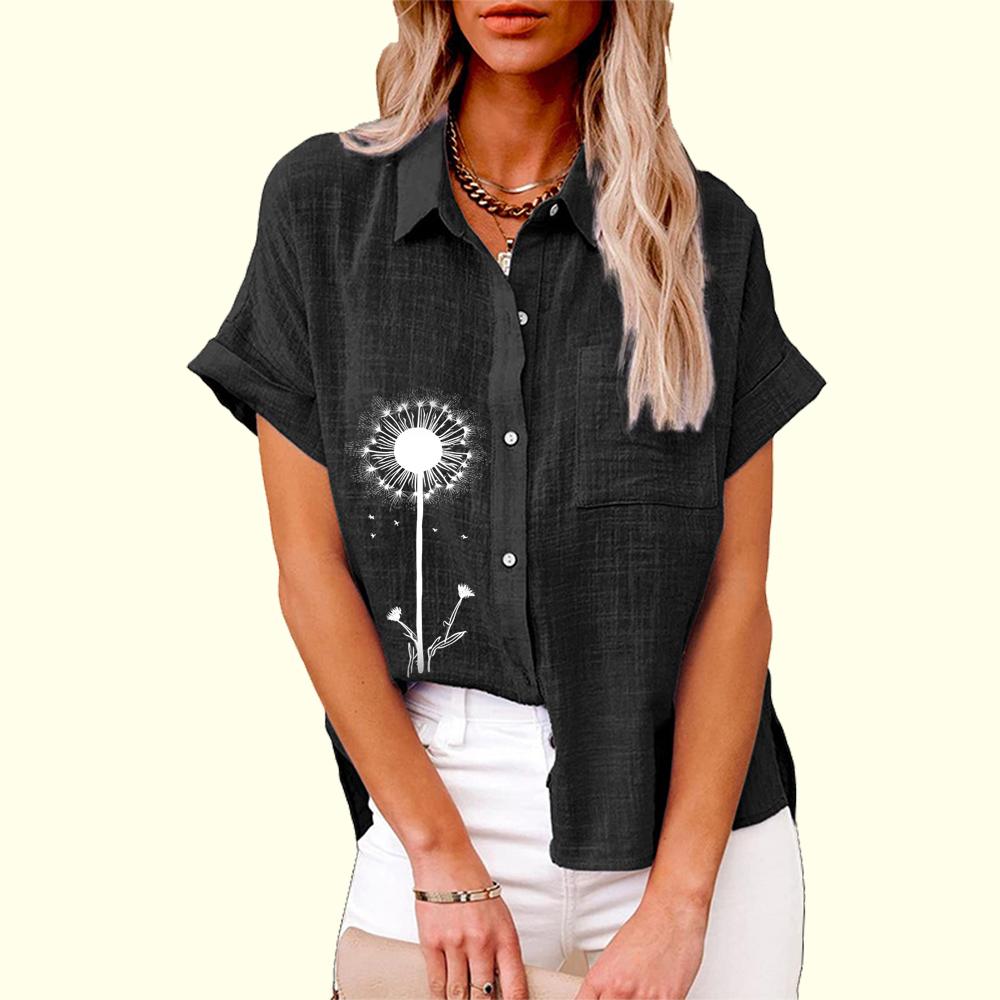 Большие размеры Женская модная блузка с цветочным принтом на пуговицах Льняной топ Женская повседневная свободная футболка с коротким рукавом