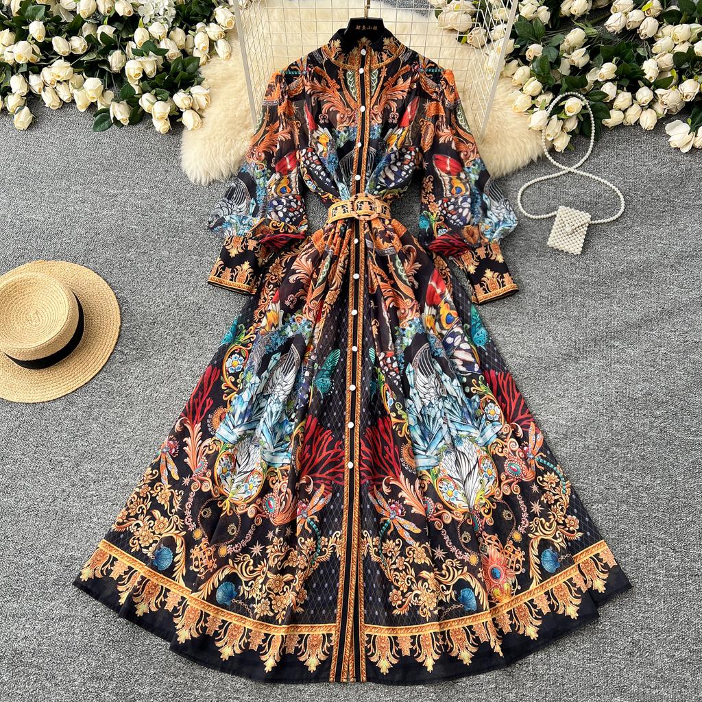 Spring Summer Women Vintage Palace Print Runway Dress Oversize Loose Long Maxi Party Dresses