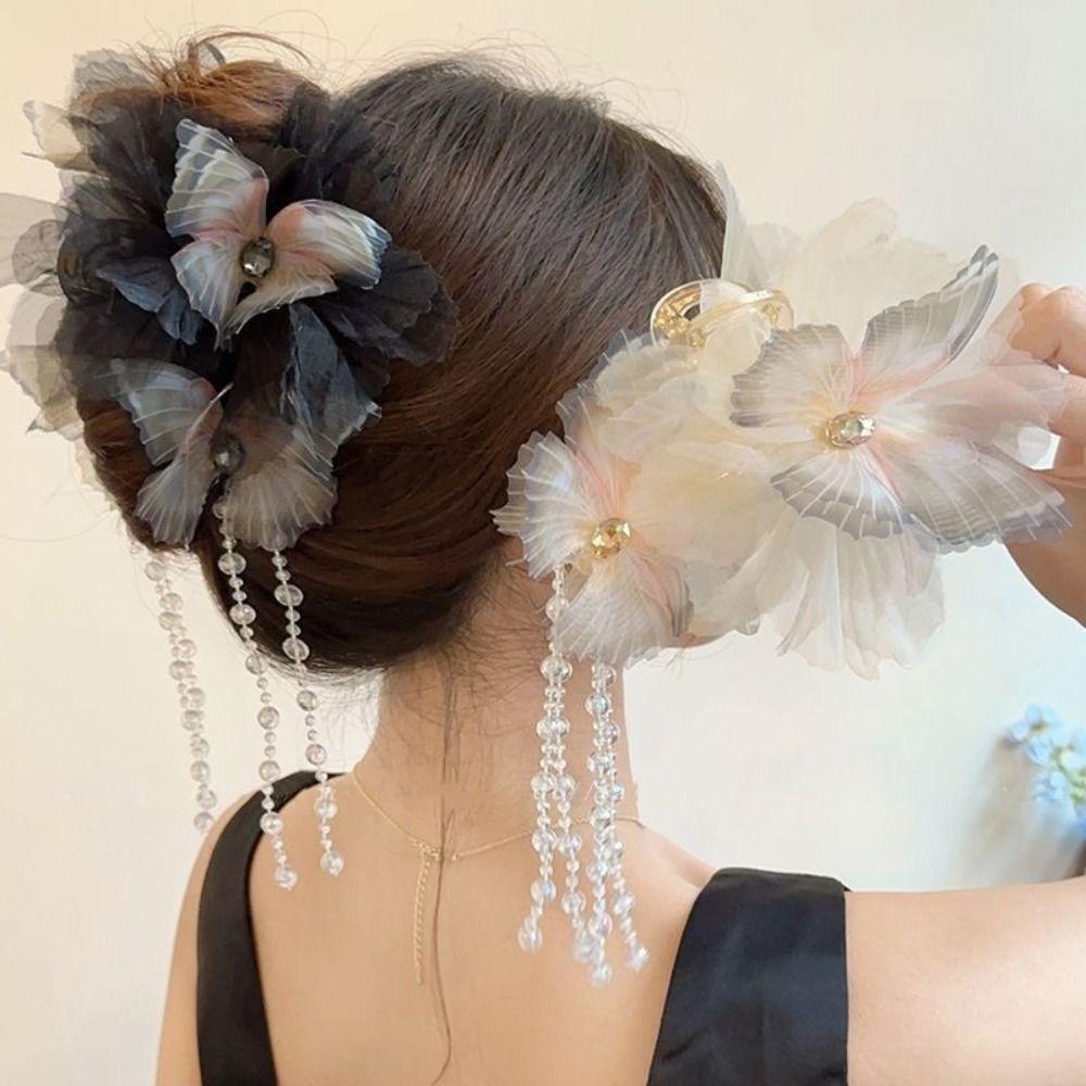 Заколки для волос в виде цветка и бабочки, бусины, зажим для акулы, элегантный зажим для захвата, девочка