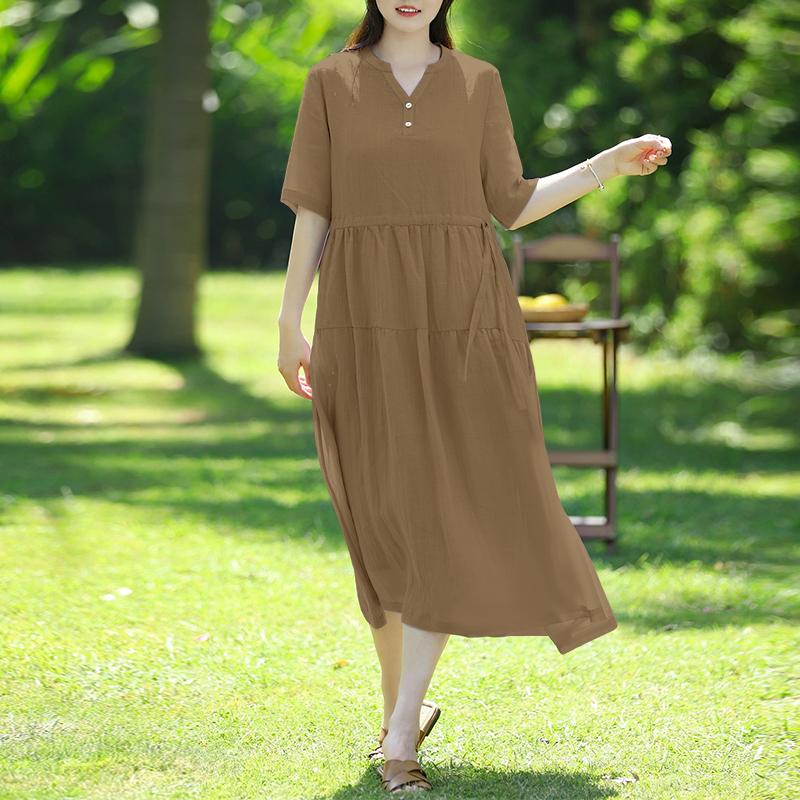 ZANZEA Women Casual V-Neck Half Sleeve Solid Color Loose Long Dress