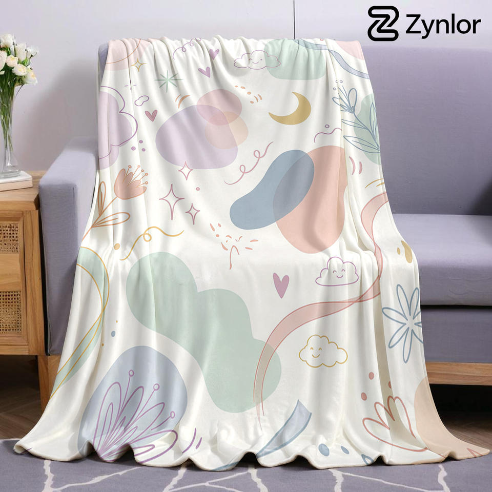 Pastel Boho Line Cartoon Anime Print Flannel Blanket Soft Warm Throw for Kids Bedroom Sofa Bed Christmas Office Car