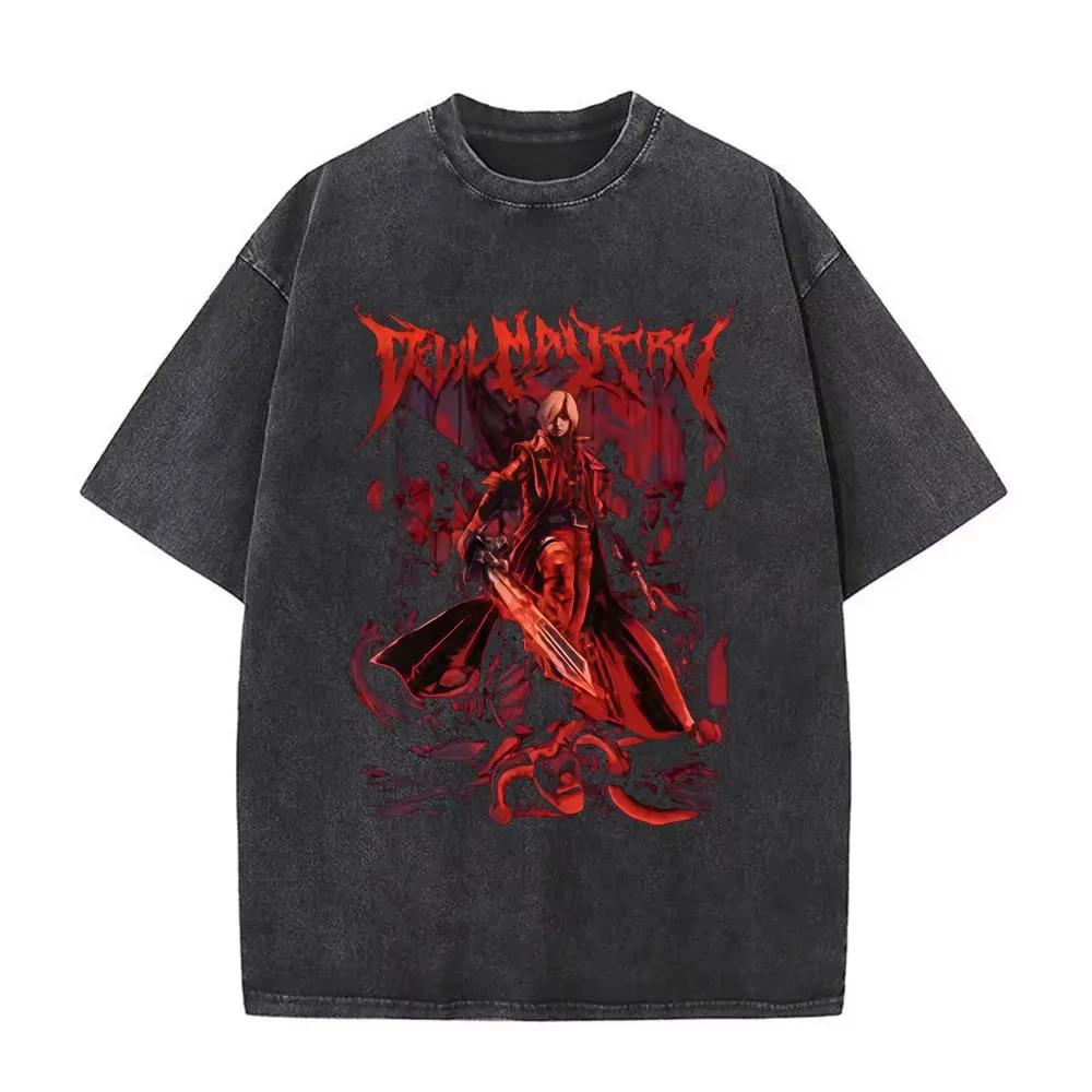 Игровой футболка Dante из Devil May Cry Винтажная с кислотной стиркой Мужская Готическая Ретро Мода Футболки с коротким рукавом Мужская Хип-Хоп Уличная одежда