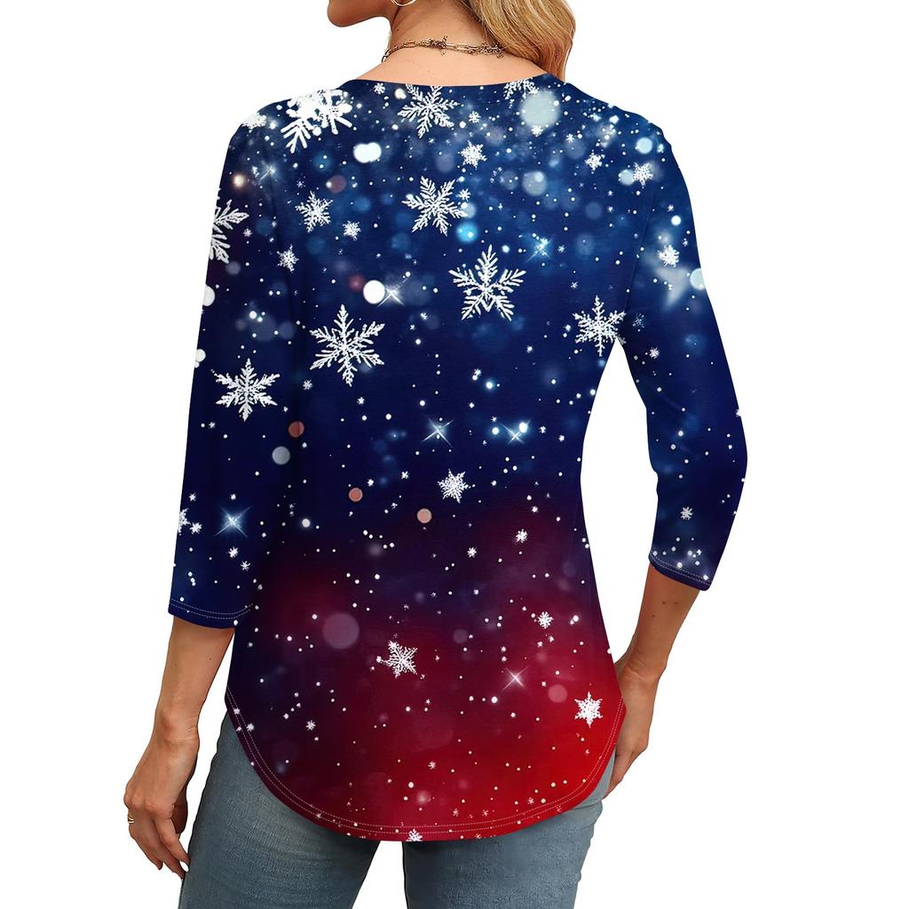 Женская модная футболка с круглым вырезом и рукавом 3/4 с рождественскими принтами, повседневная базовая плиссированная футболка-пуловер
