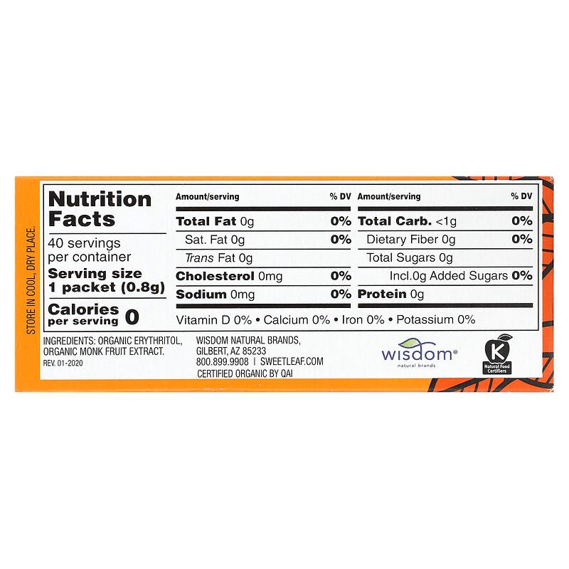 Monk Fruit Organic Sweetener Granular, 40 Packets, 0.28 oz (0.8 g) Each